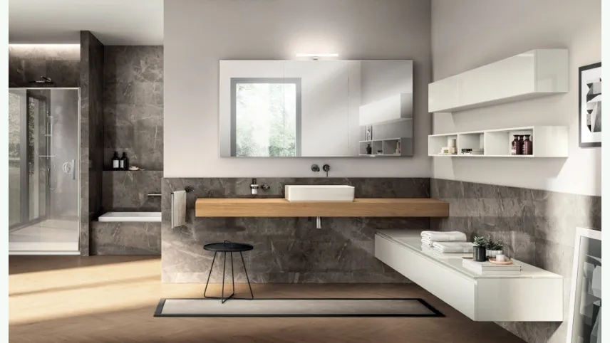 Mobile da Bagno Juno Laccato Lucido Bianco Prestige con piano in Rovere di Scavolini Bathrooms