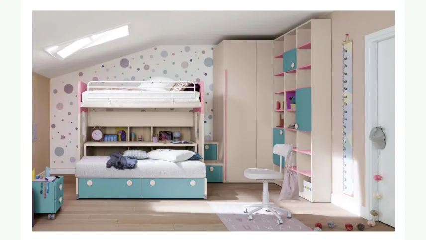 Cameretta in melaminico e laccato azzurro e rosa Alpha Letto a Castello B030 di Doimo Cityline