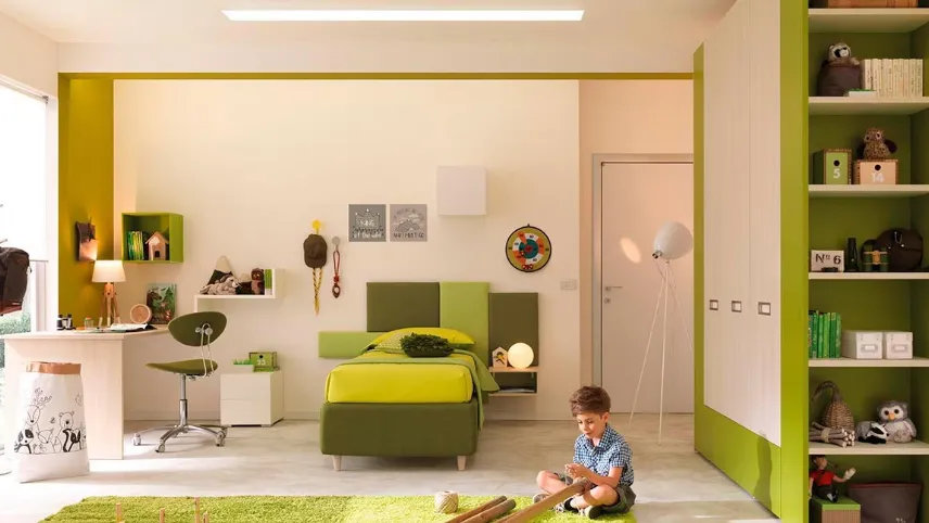 Cameretta componibile con letto singolo in laccato e melaminico KC309 di Moretti Compact