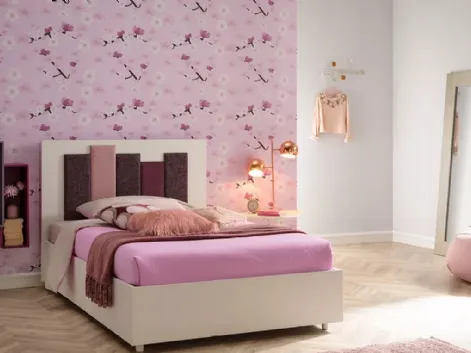 Letto ad una piazza e mezza in melaminico bianco e testiera originale con inserti in tessuto imbottito SC108 di Moretti Compact