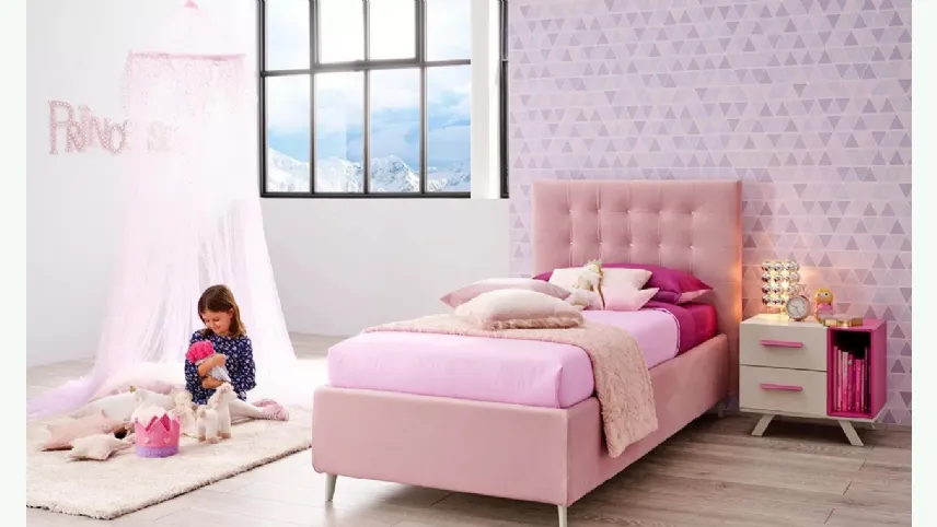 Letto singolo color rosa con imbottitura in capitonnè SC201 di Moretti Compact