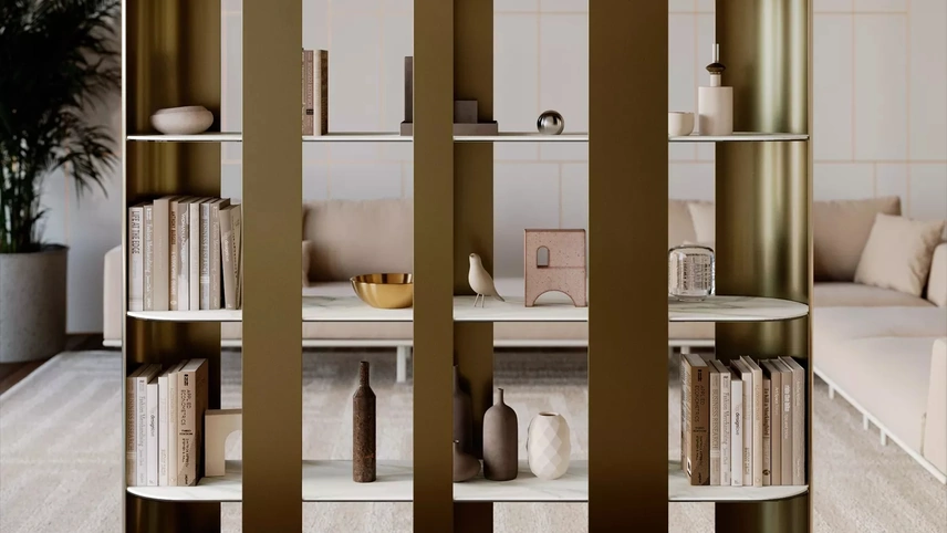 Libreria divisoria Helena in metallo laccato con ripiani in SuperMarmo di Bontempi