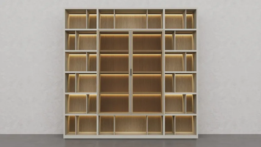Libreria in laccato Creta e essenza legno Barrique di Fratelli Elli