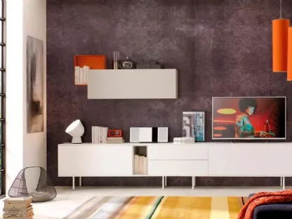 Parete attrezzata con wallbox a giorno e basamento in metallo laccato opaco LV106 di Moretti Compact