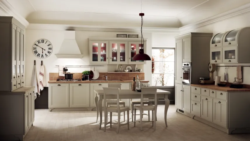 Cucina Classica Favilla in laccato opaco con top decorceramica Borgo effetto Mattone di Scavolini