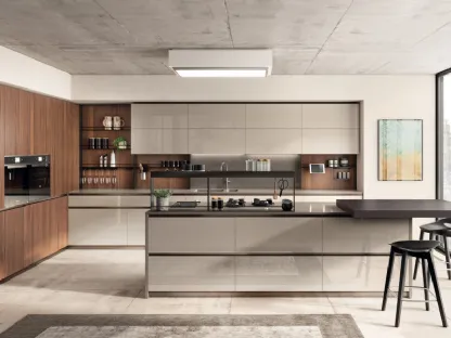 Cucina Moderna Boxi in laccato lucido Visone e Noce Sunset di Scavolini