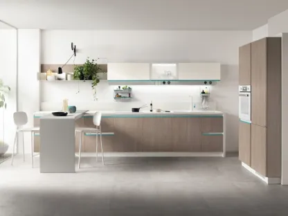 Cucina Moderna Dandy Plus Rovere Gessato con maniglia Blu Agave di Scavolini