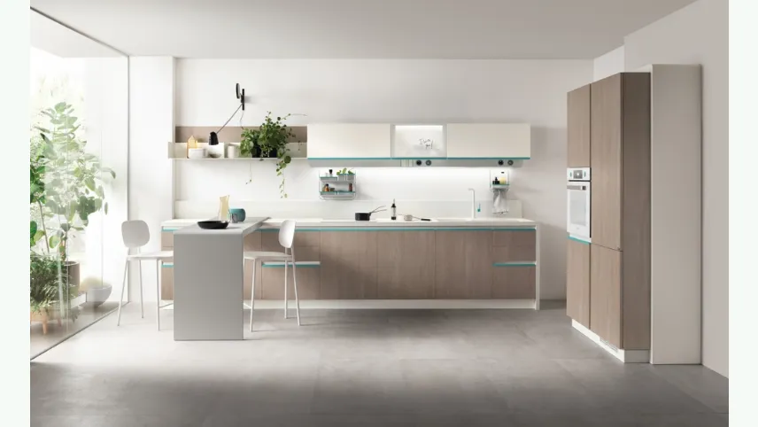 Cucina Moderna Dandy Plus Rovere Gessato con maniglia Blu Agave di Scavolini