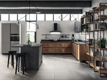 Cucina Moderna angolare con isola Evolution in decorativo Rovere Land e laminato Volcanic Ash di Scavolini