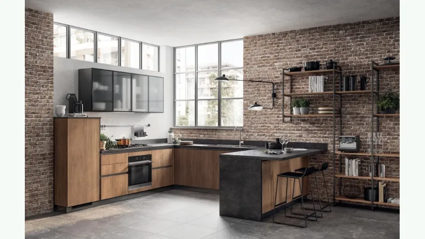 Cucina Moderna angolare con penisola Evolution in decorativo Rovere Land e laminato Volcanic Ash di Scavolini