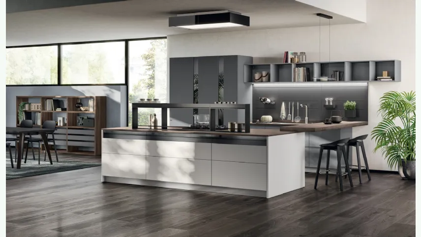 Cucina Moderna Motus in laccato Grigio Airone e Grigio Vulcano di Scavolini