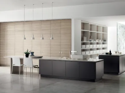 Cucina Moderna Qi con doppia isola in laccato Grigio Ferro e Olmo Hono di Scavolini