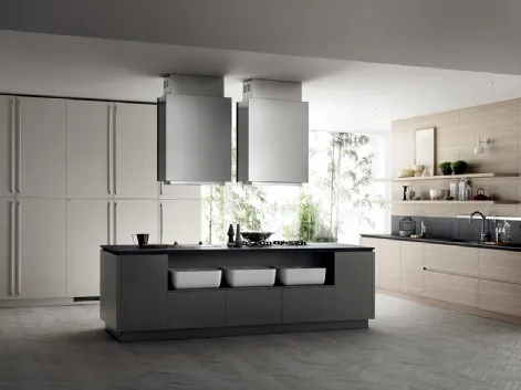 Cucina Moderna Qi in laccato Grigio Titanio, Grigio Chiaro e Olmo Hono di Scavolini