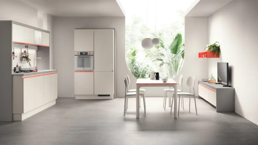 Cucina Moderna Dandy Plus Bianco con maniglia Rosso Corallo di Scavolini