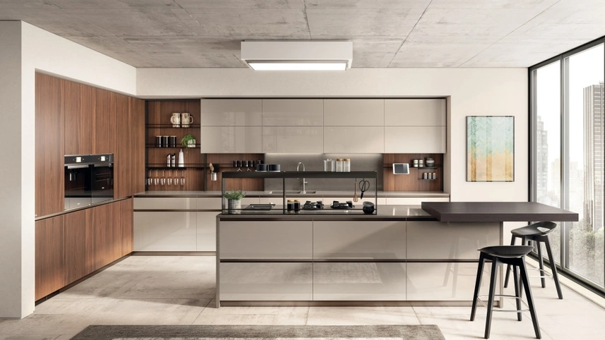 Cucina su misura con isola Boxi 02 Visone e Noce Sunset di Scavolini