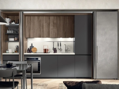 Cucina su misura Boxi 03 in Grigio Ferro opaco e Noce Garden di Scavolini