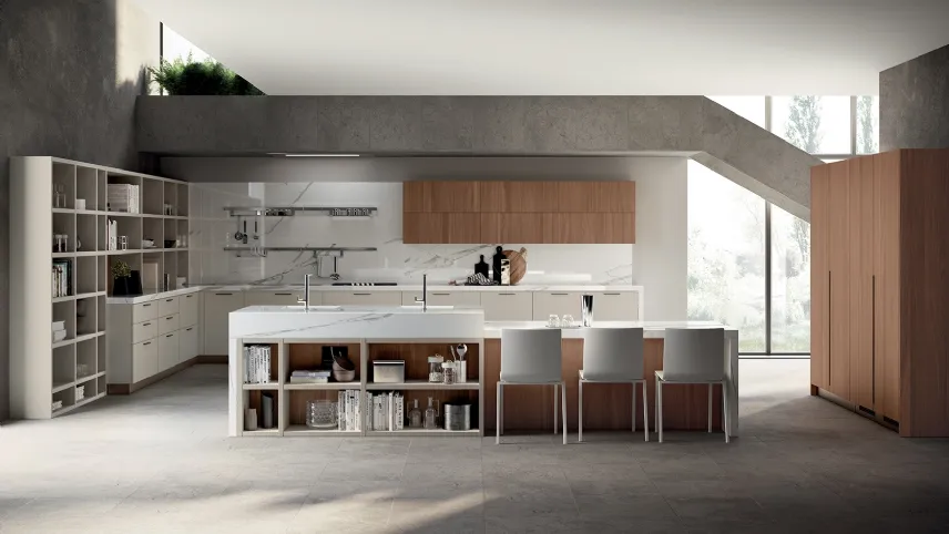 Cucina su misura Mood 10 in laccato Tortora e Noce Tussah di Scavolini