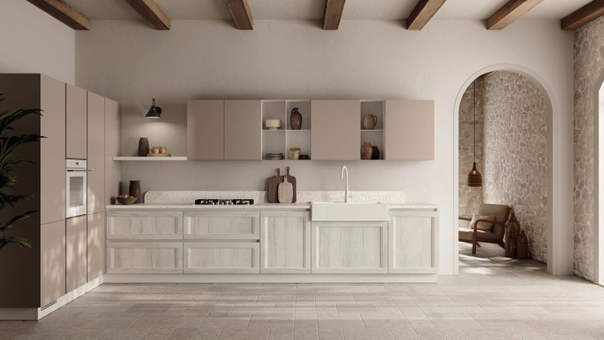 Cucina su misura ad angolo Regola 06 in decorativo Rovere e Pet Limo di Scavolini