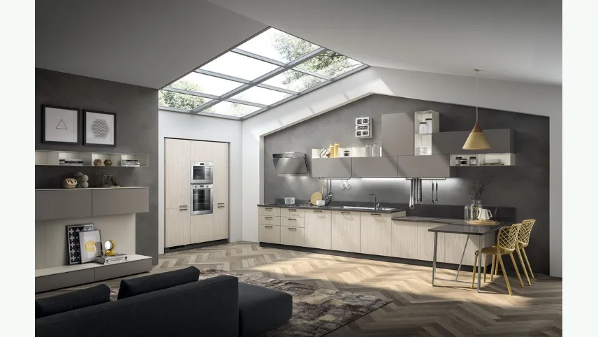 Cucina su misura ad angolo con penisola Sax in decorativo Noce Neutral e Polvere di Scavolini