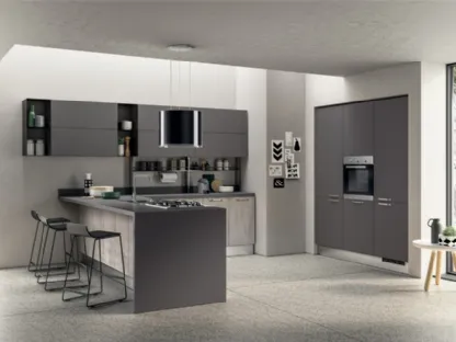 Cucina su misura con penisola Sax in decorativo Concrete Medium e Grafite di Scavolini